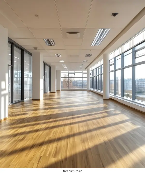Modern Empty Office Space With Large Windows and Wood Flooring