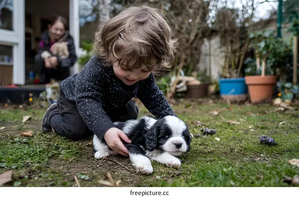 Little Girl Playing With Puppy in Backyard