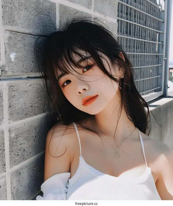 Asian Woman With Long Black Hair Posing Against Brick Wall