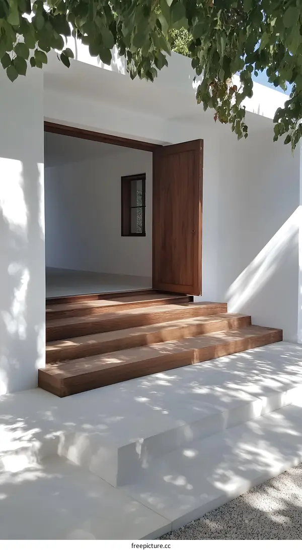Modern White House Entrance With Wooden Door and Steps