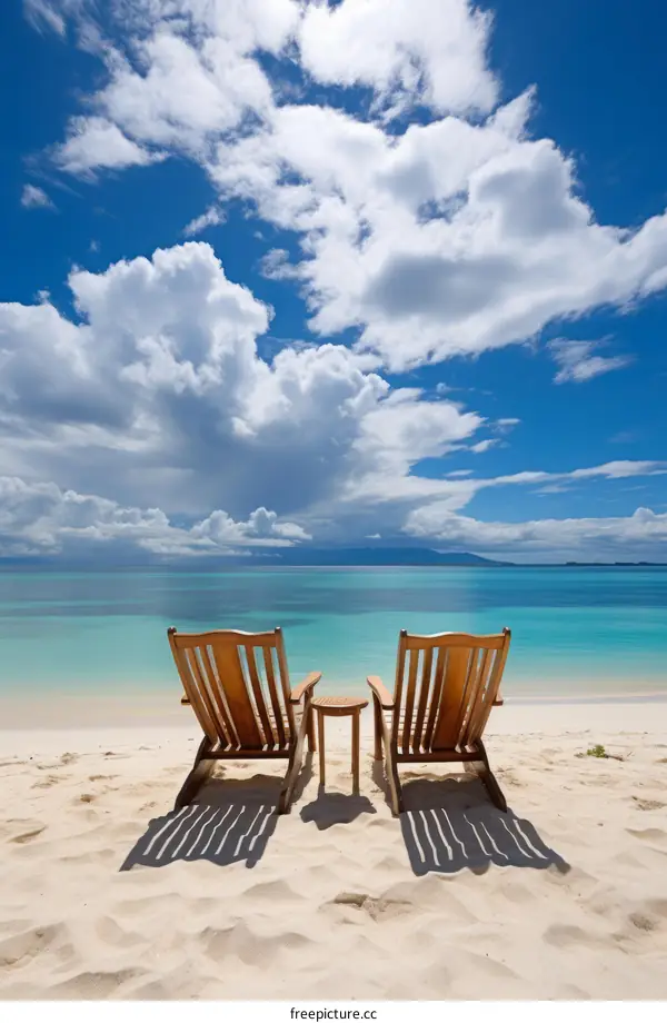 Two wooden lounge chairs sit on a beach with the ocean in the background
