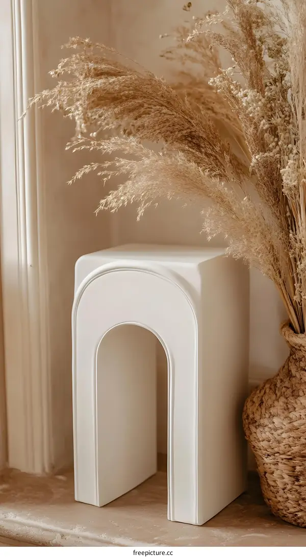White Modern Arch Stool with Pampas Grass
