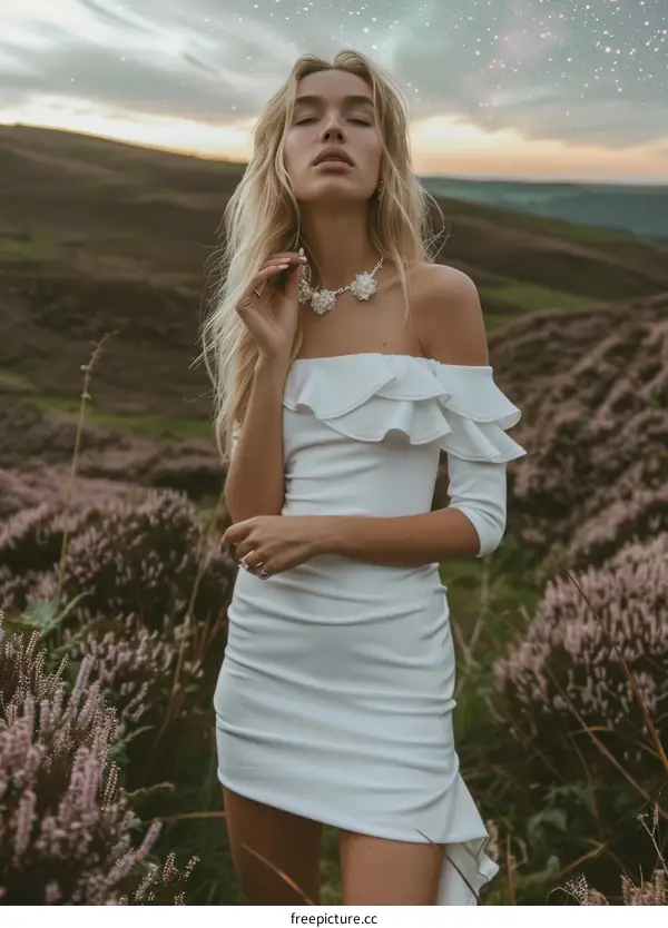 Young woman standing in a field of purple flowers wearing a white dress