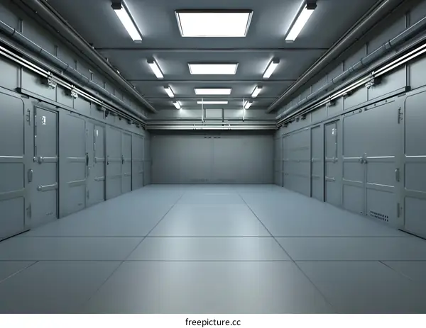 Futuristic Room with Metal Doors and Pipes