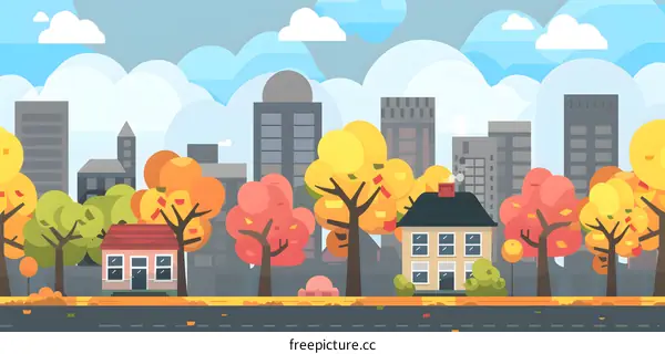 Autumn Cityscape Illustration With Colorful Trees and Buildings