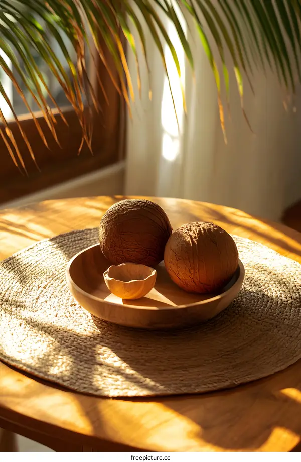 Close Up Of Two Coconuts In A Wooden Bowl On A Table With Sunlight