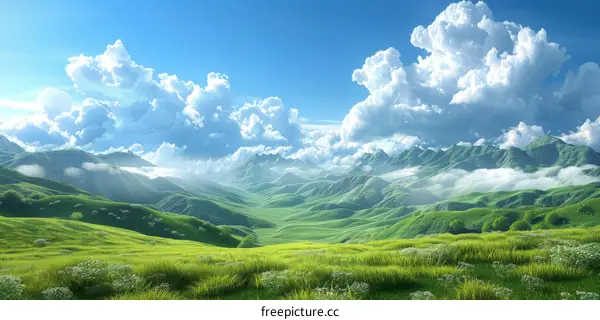 Green rolling hills under a blue sky with white clouds