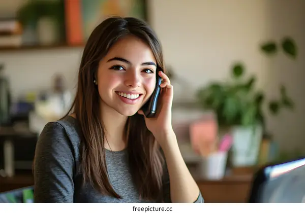 Young Woman Talking on Phone at Home Office