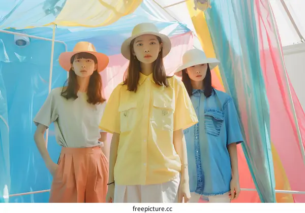 Three Asian Women Wearing Hats in Front of a Colorful Background