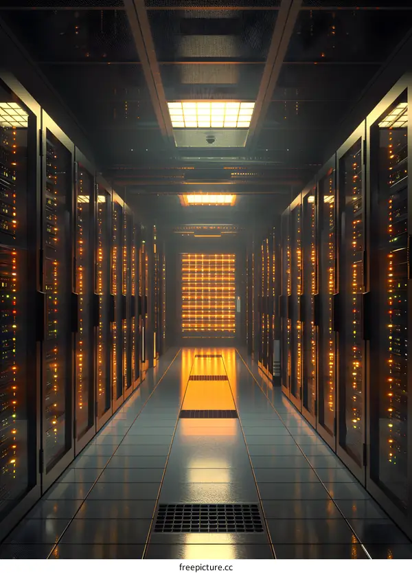 Server room with rows of server racks containing multiple server blades