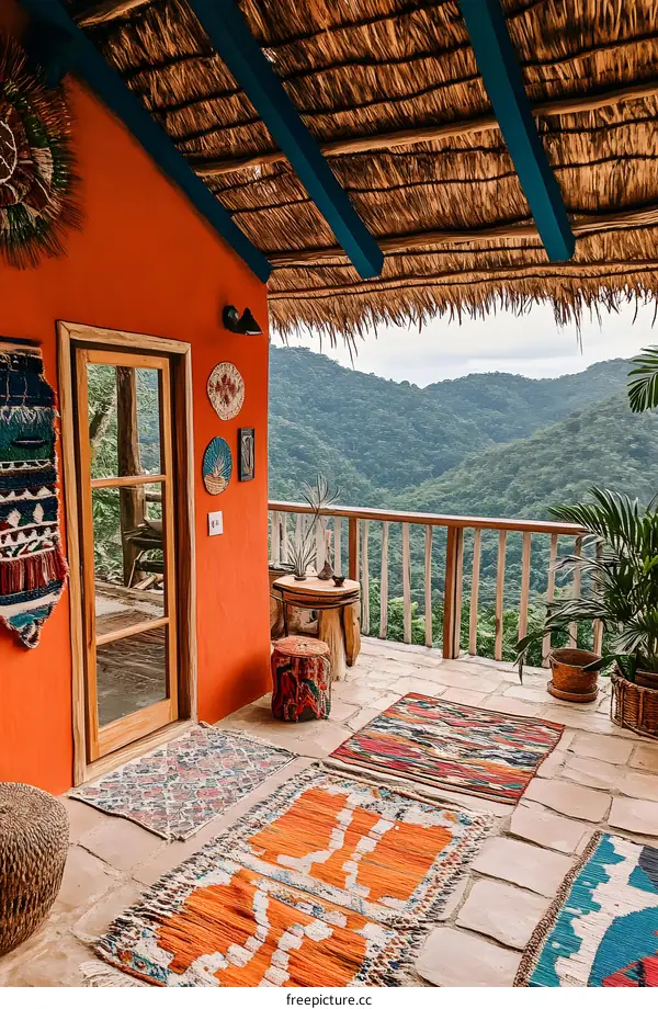 Orange Wall Balcony with Mountain View and Woven Rugs