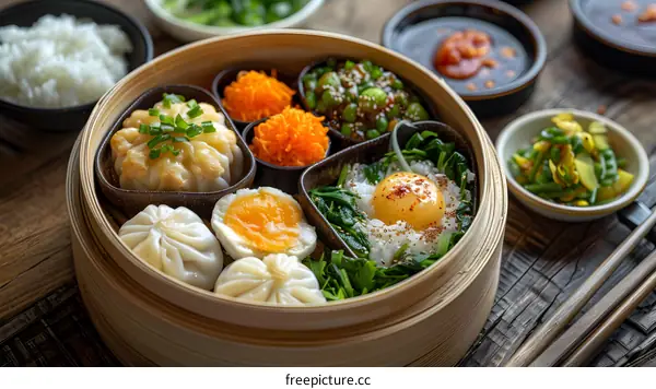 A delicious and healthy breakfast of steamed dumplings and vegetables