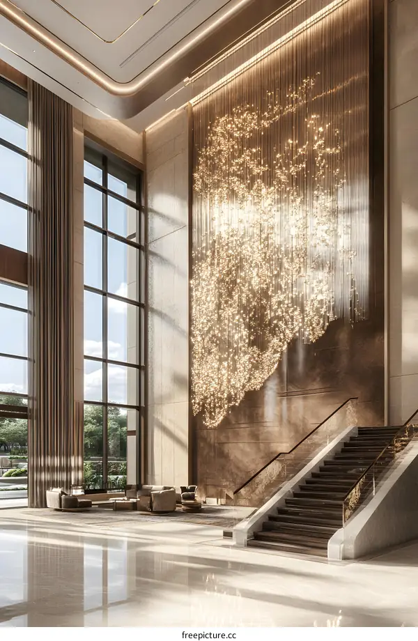 Modern Luxury Hotel Lobby Interior Design with Crystal Chandelier and Staircase