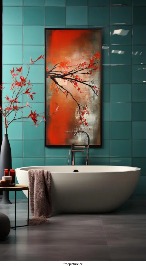 Bathroom interior with a bathtub, painting and green tiles