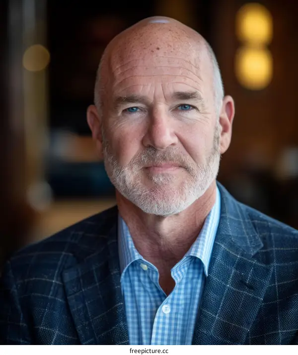 Portrait of a bald man with blue eyes and a beard wearing a blue suit