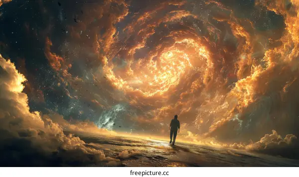 Man Ascending Towering Cosmic Portal in Distant Sky