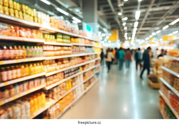 Blurred Supermarket Interior with Many Customers