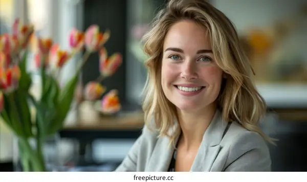 Portrait of a smiling young woman with blond hair and blue eyes