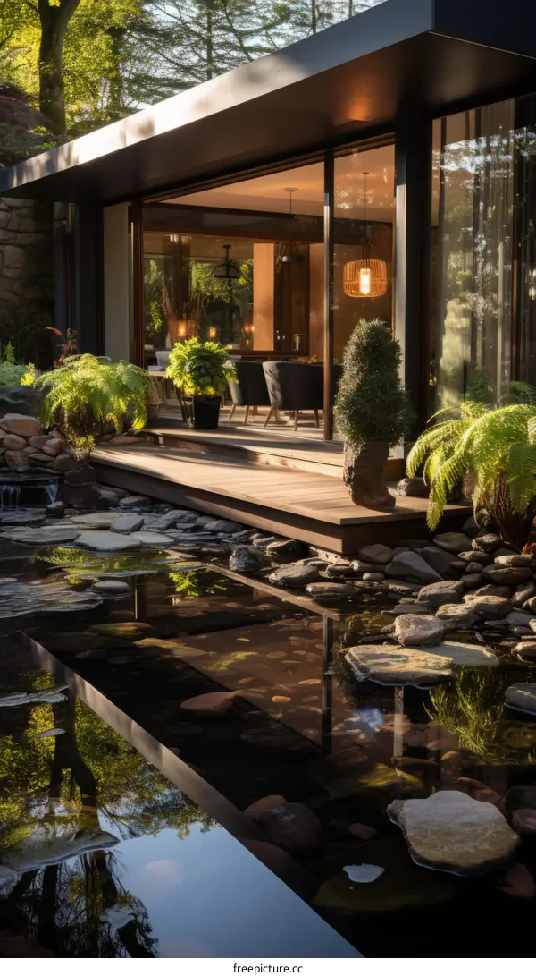 Modern House Exterior With Large Windows and Pond