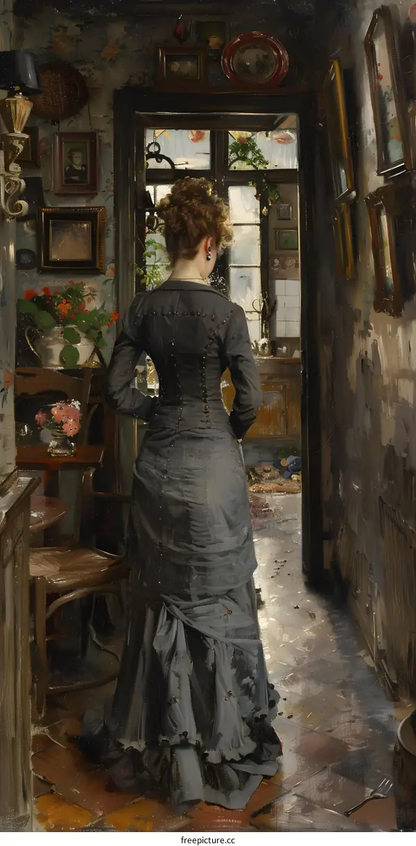 elegant woman in a blue dress standing in a hallway