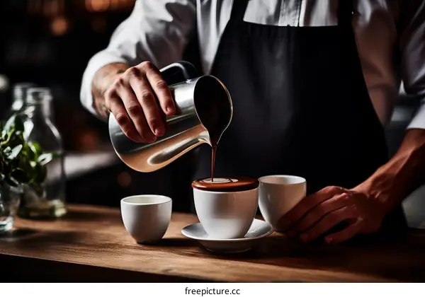 Barista pouring hot chocolate into a cup