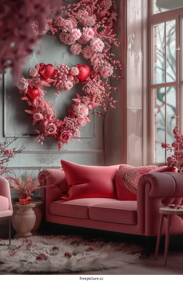 Pink Living Room with Heart-Shaped Flower Wreath