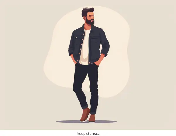 A man with a beard wearing a denim jacket and jeans