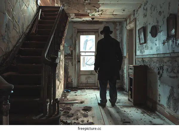 A man standing in a ruined house