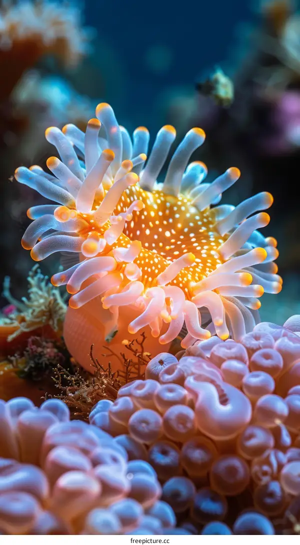 Orange And Pink Sea Anemone With Its Tentacles Outstretched