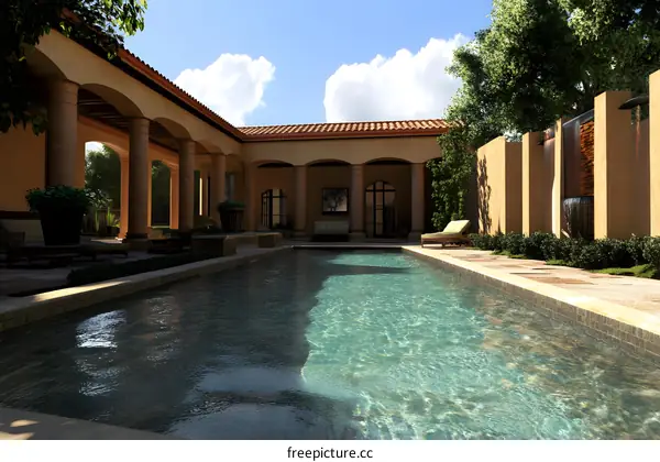 Swimming Pool With Water Fountain In A Courtyard