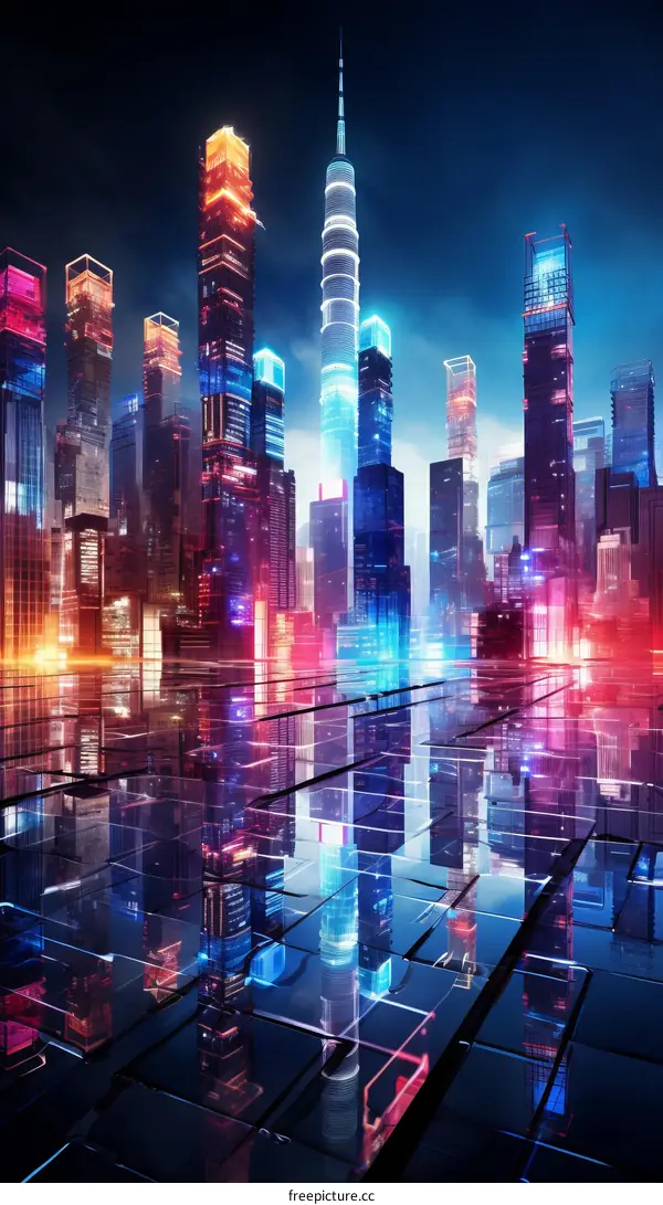 A digital painting of a futuristic city at night with skyscrapers and bright lights reflecting off a wet street