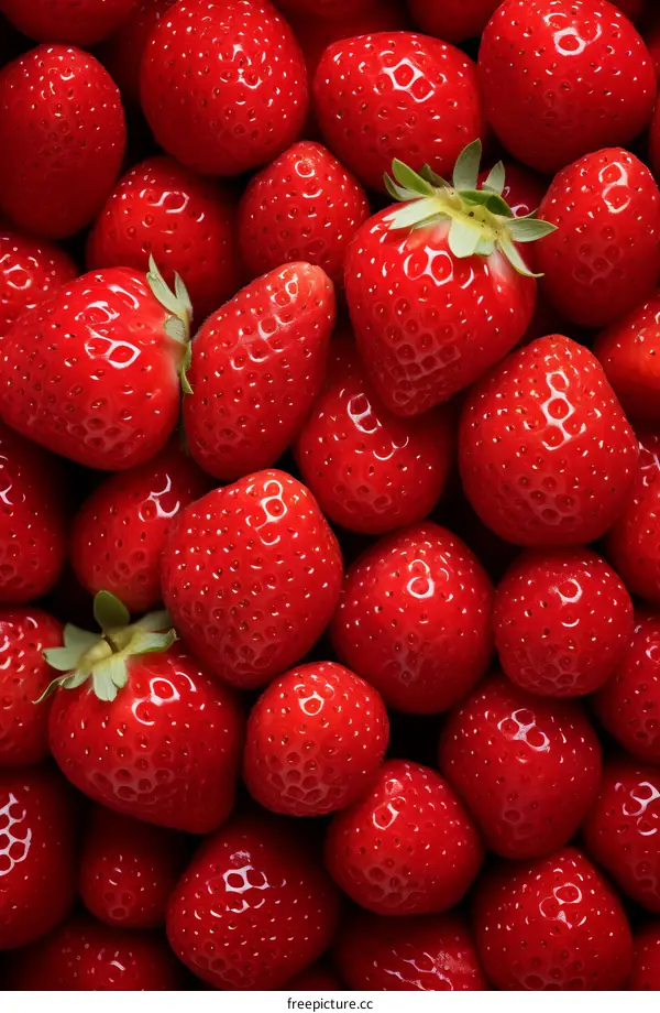 A close up image of a pile of fresh strawberries.