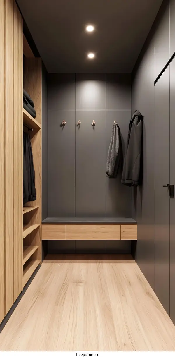 Modern Minimalist Interior Design for Entryway with Wooden Cabinetry and Grey Walls