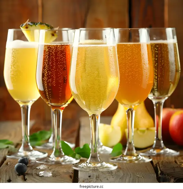 Different Flavored Sparkling Apple Ciders in Glasses