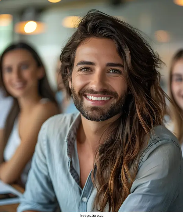 Portrait of a smiling man with long hair