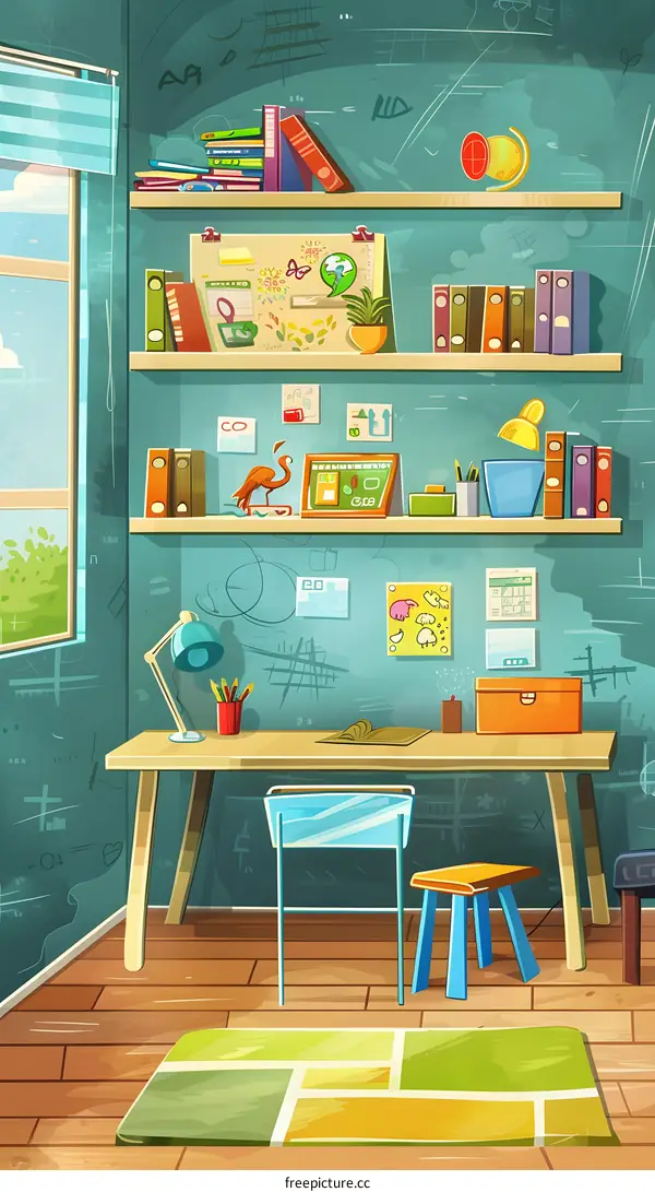 Cartoon Illustration of a Kids Study Desk with Books and Supplies
