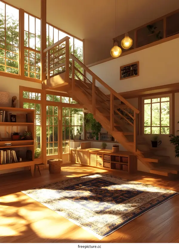 Wooden Staircase And Open Space In Home Interior Design