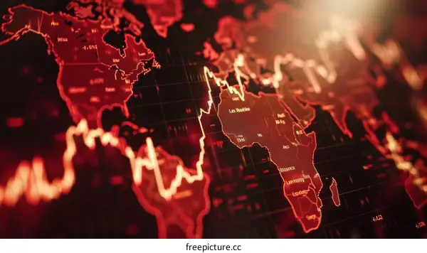 Red glowing world map with animated stock market data