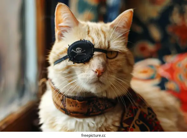 Portrait of a ginger cat wearing an eye patch