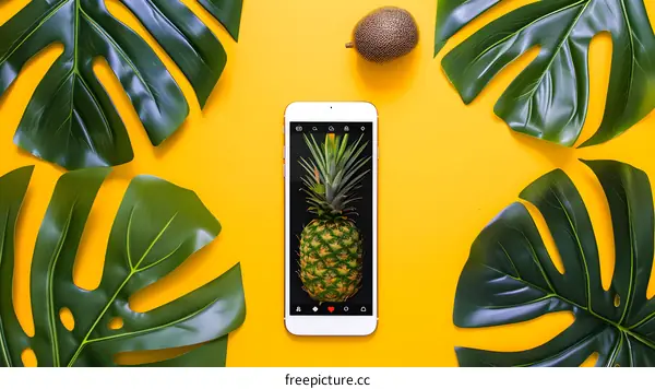 Tropical Leaves and Phone with Pineapple Image on Yellow Background