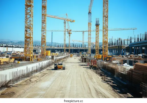 Construction Site with Cranes and Machinery