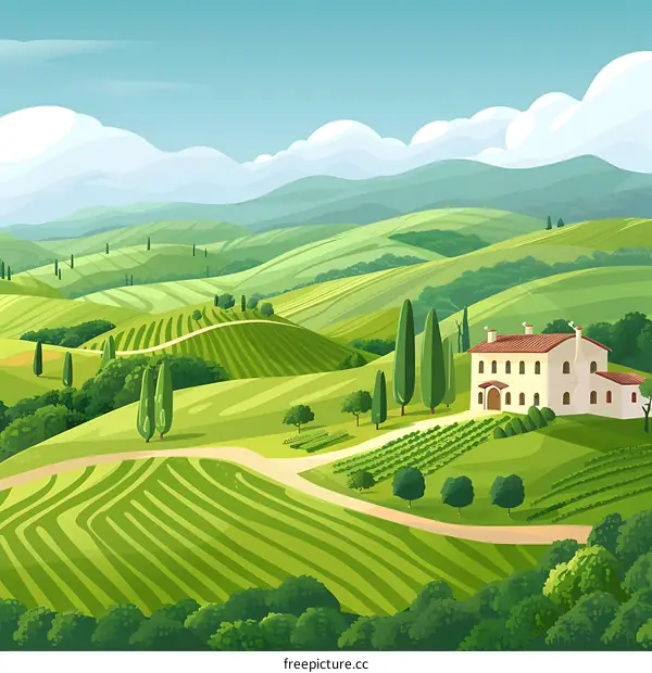 Beautiful Green Rolling Hills With A White Villa