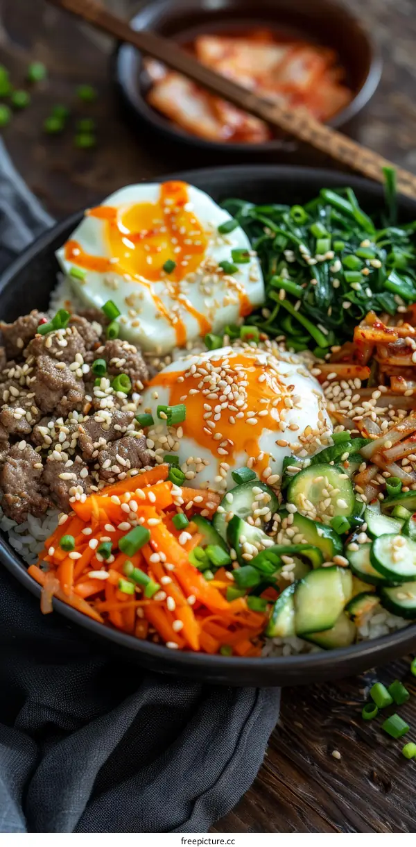 Korean Bibimbap with Rice, Beef, Egg, and Vegetables