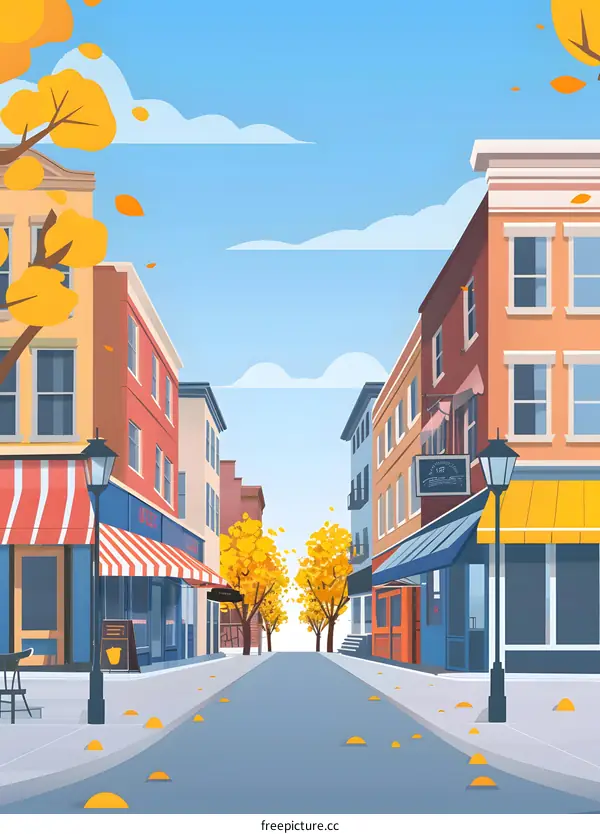 Autumn Street Scene with Colorful Buildings and Trees
