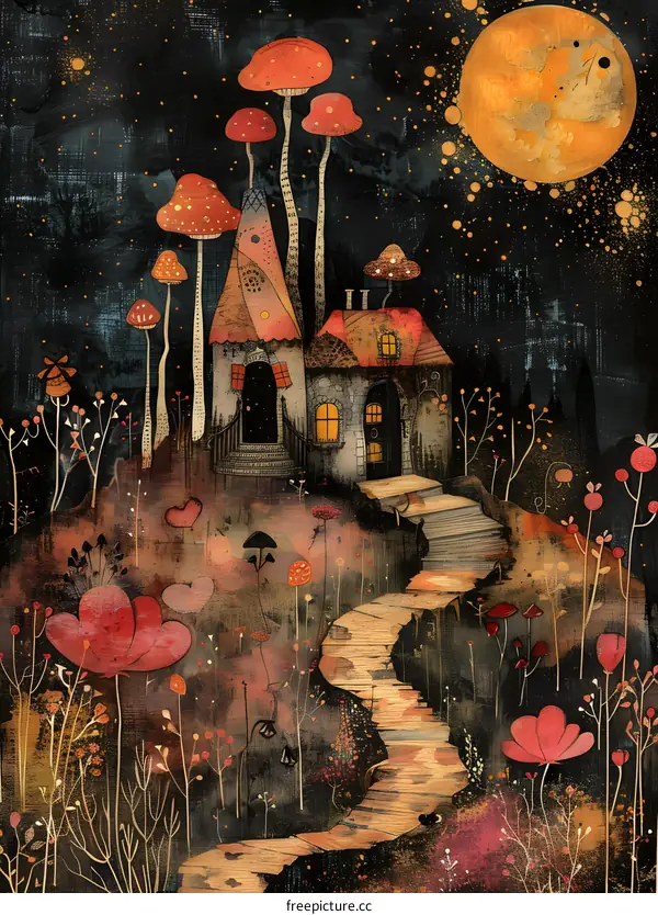 Fantasy Illustration of a House in a Forest at Night