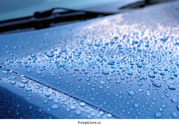 Close-up of Water Droplets on a Blue Car Hood