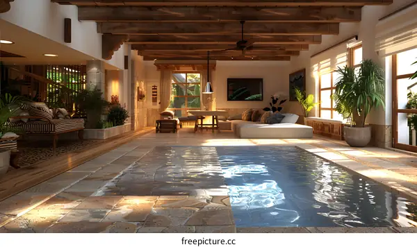 Indoor swimming pool in a luxury villa with tropical interior
