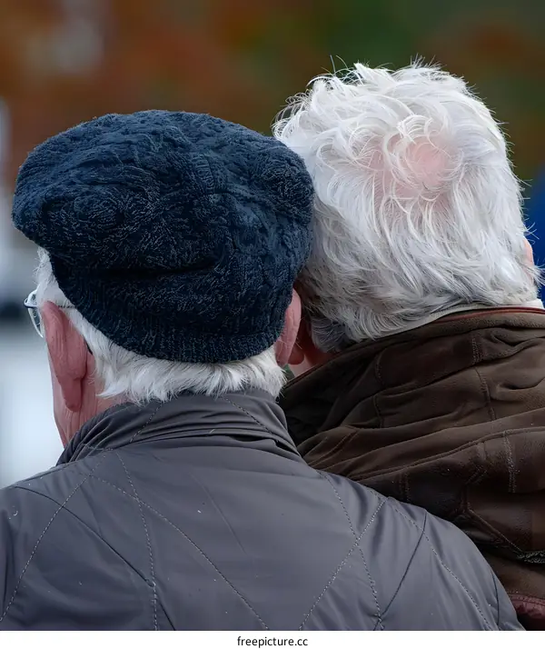 Two Elderly Men Wearing Winter Clothes Stand Back to Back