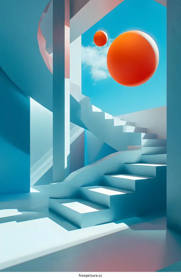 Abstract Staircase in Minimalist Interior with Blue and Orange Color Palette