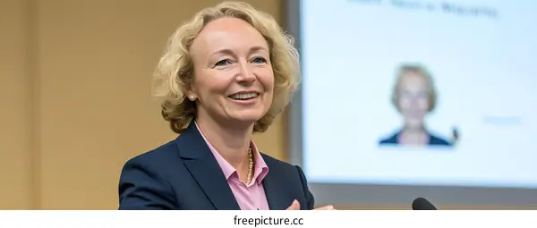 Smiling Woman Giving a Presentation